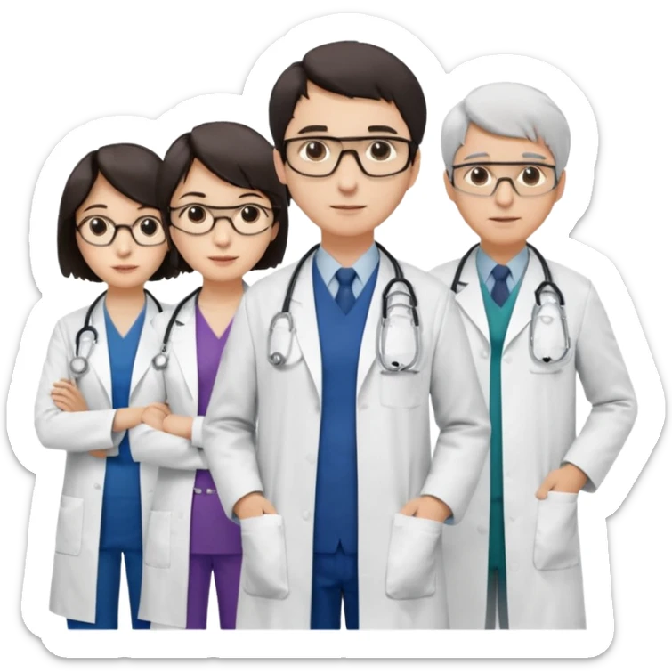 Four doctors standing together:

a female doctor with dark-colored short bob hair,

a young male doctor,

an older male doctor with white hair wearing glasses,

and a female doctor wearing glasses. sticker