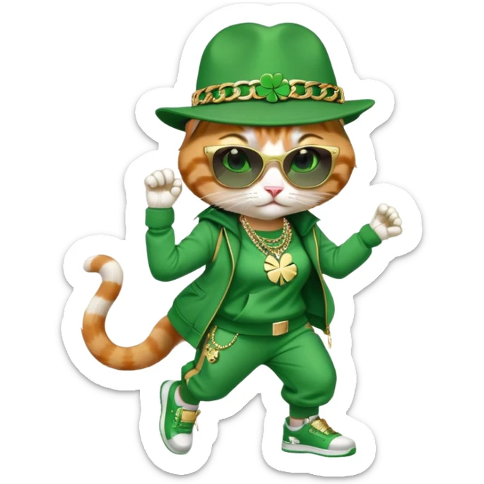 female cat wearing hip-hop Run DMC outfit with green tracksuit, fedora with shamrock, dark sunglasses, gold chains, bling accessories, St. Patrick's Day theme, break dancing sticker