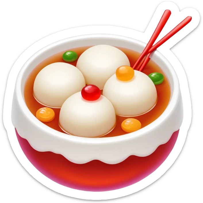Sweet rice balls Tangyuan in syrup with colorful fillings, simplified emoji style with bold outlines and bright colors, cartoon style traditional Chinese dessert sticker