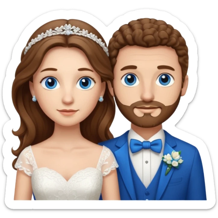 wedding couple, woman has long straight brown hair and blue eyes, man has short light brown curly hair and facial hair with blue eyes sticker
