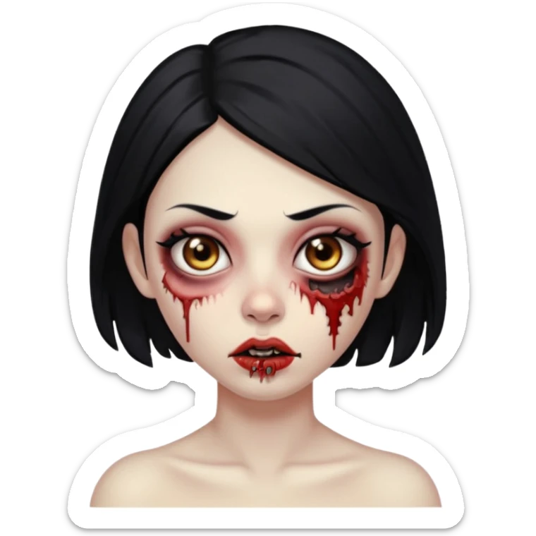 Make an emoji of a zombie woman with black hair, almond-shaped brown eyes and a labret piercing on her left lip. sticker