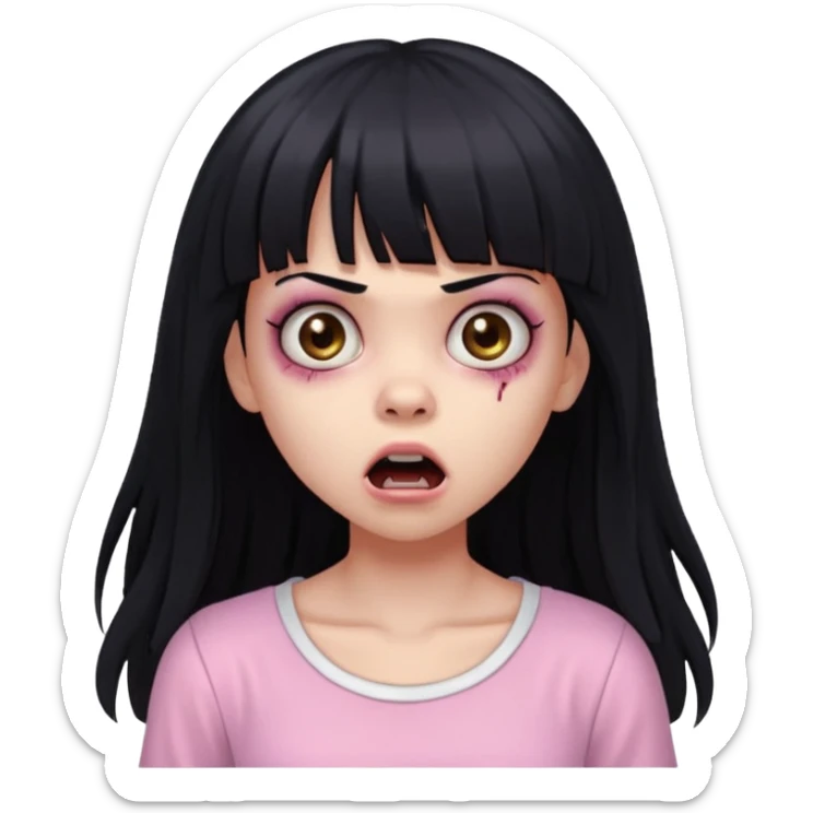 light-skinned black zombie girl with long black hair and bangs, wearing a light pink blouse, surprised expression sticker