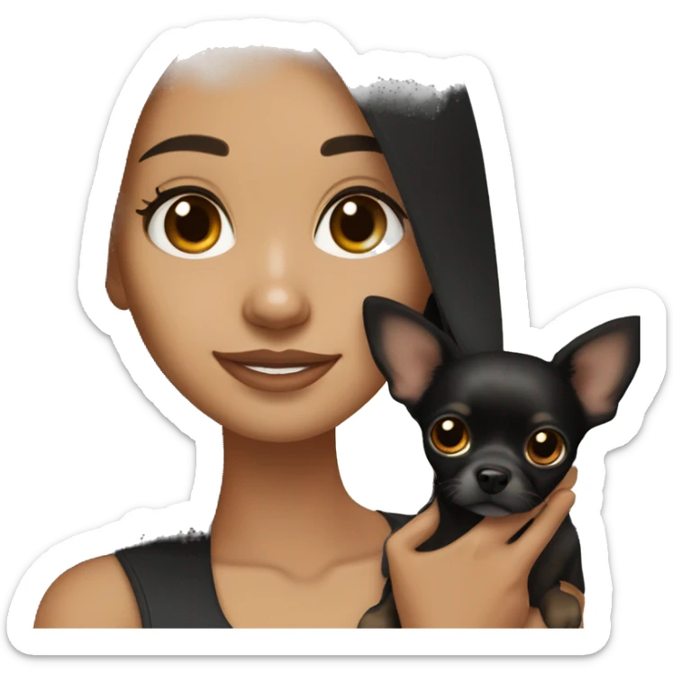 Pretty girl with long straight black hair, brown eyes, holding a black and tan chihuahua sticker