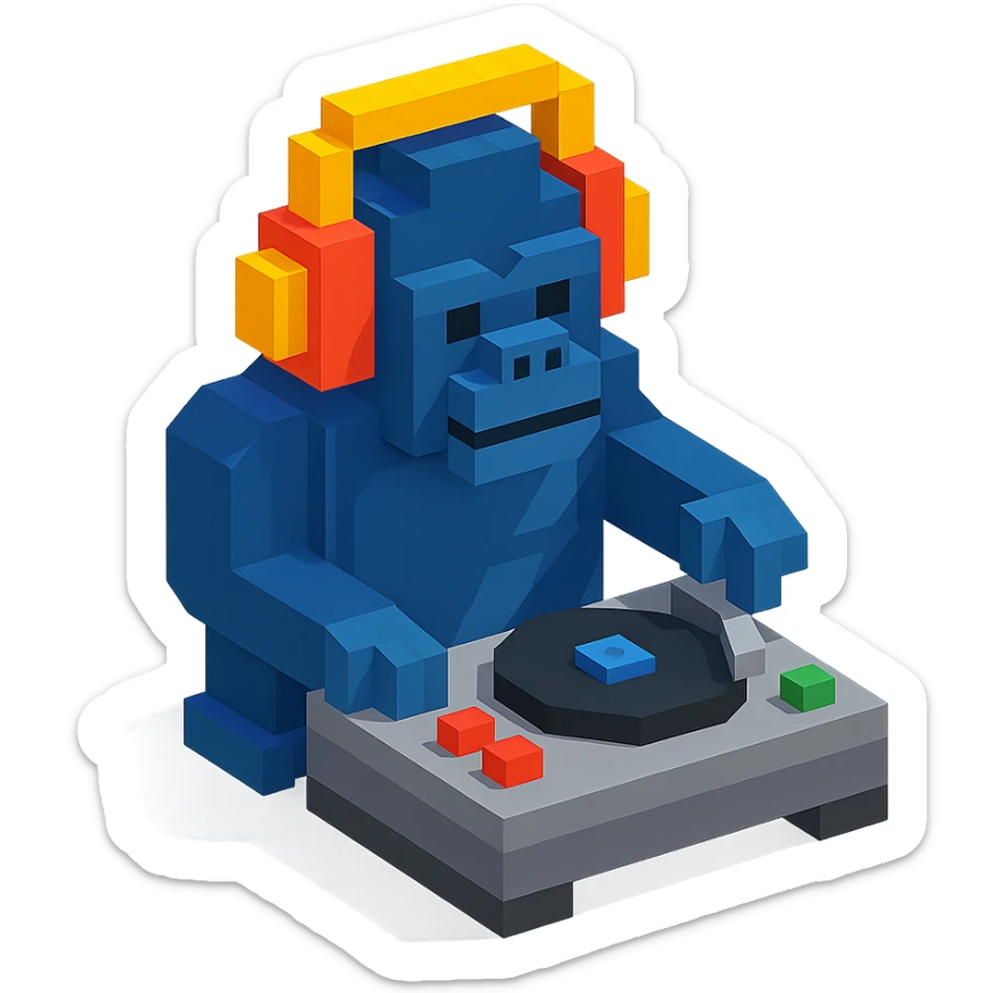 voxel style gorilla DJ with headphones and turntable, isometric view sticker