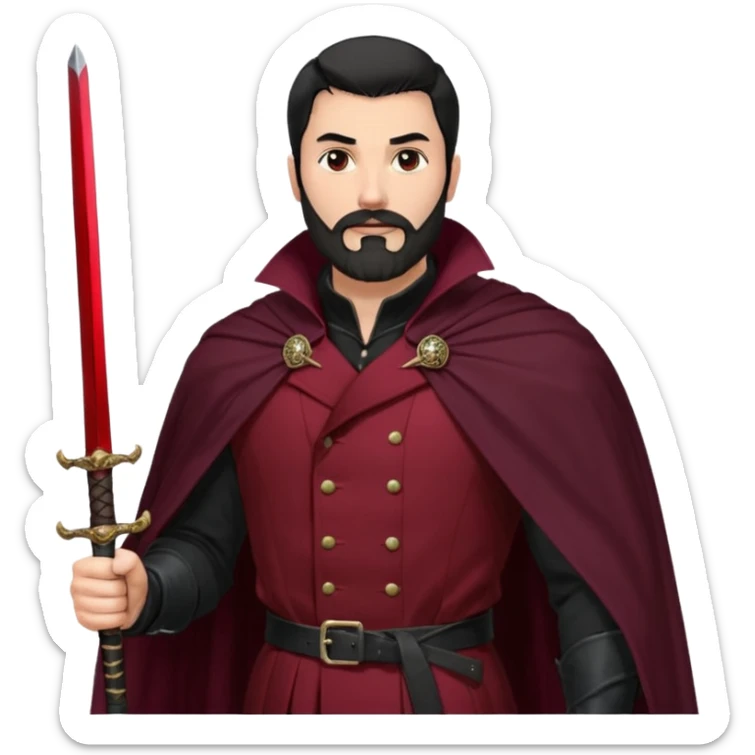 
Hombre de unos 30-40 años, alto, fuerte..
Rostro anguloso, barba bien recortada, cejas marcadas, mirada dura y orgullosa.
Castaño oscuro o negro, peinado hacia atrás.
Ropa de noble — chaqueta ajustada, capa corta, botas altas y espada al cinto. Colores oscuros (rojo vino, negro, granate) sticker