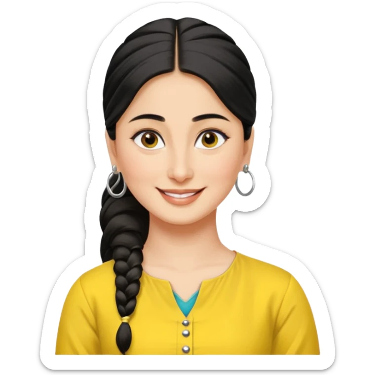 generate a pretty bratz emoji that looks like Kareena Kapoor's Geet character. 
Make her wear a yellow kurti, silver hoops, black hair in a ponytail. smiling big sticker