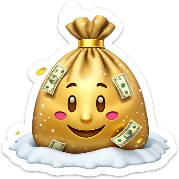 3D emoji style, money bag with dollar bills, New Year theme, snow particles, festive lighting, rich vibe, high detail, transparent background

 sticker