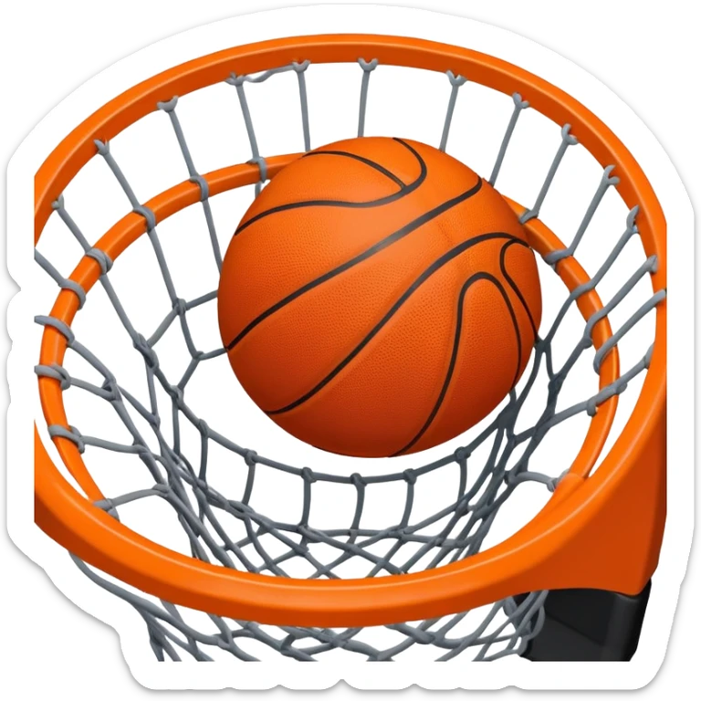 Top-down view of basketball pushing through center of net, iOS emoji style sticker