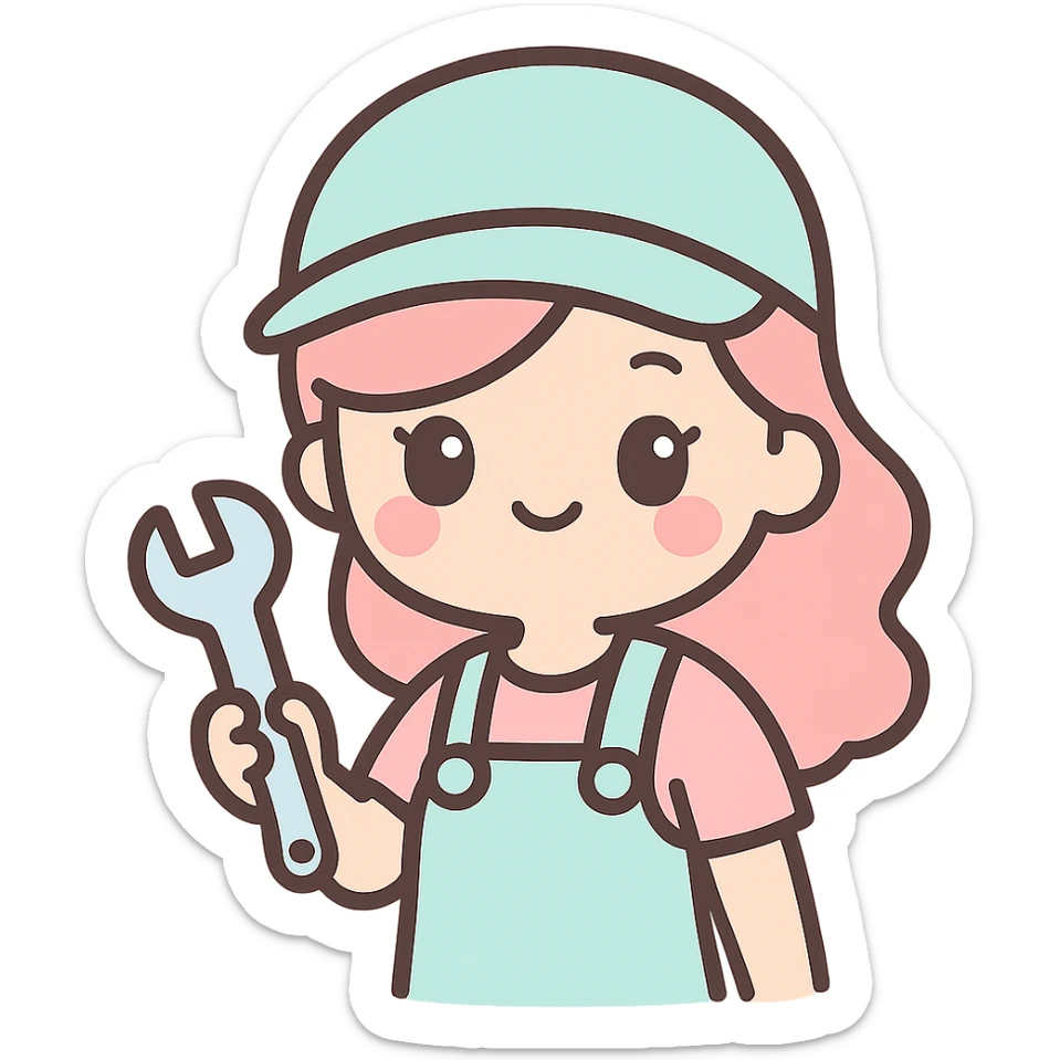 female plumber, cute woman plumber with big eyes, holding a wrench, pastel colors sticker