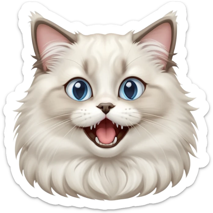 cinematic-adorable-big-eyed-fluffy-ragdoll-cat-portrait-emoji,-head-tilted-playfully-with-a-cute,-exaggerated-yawn,-white and grey fur,-simplified-yet-irresistibly-cute-features, blue eyes sticker