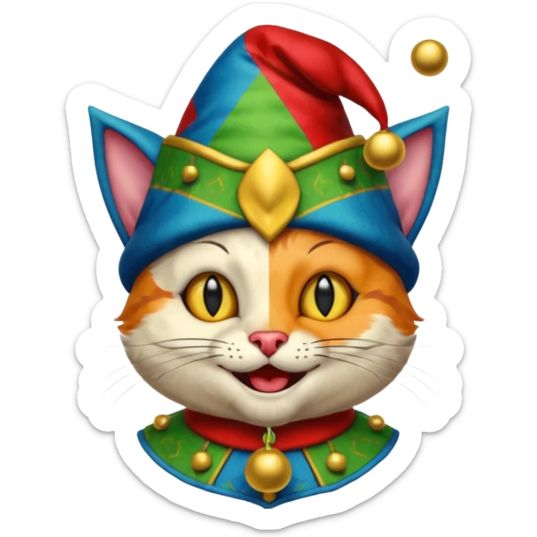 crazy colorful cute little cat jolly joker from poker, medieval, vintage, court jester, mac os squared icon, blue color sticker