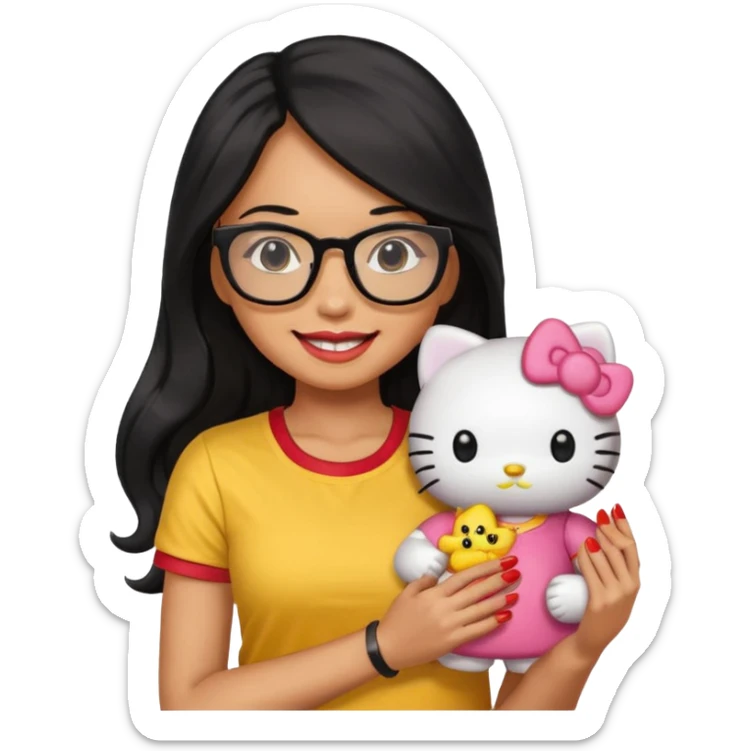 Nails cute with hello kitty wear glasses black long  hair, woman wear yellow shirt , red nails , big hello kitty doll sticker