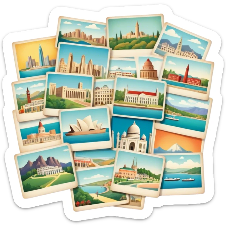 Icon for Postcard Collecting: a collection of colorful vintage postcards, featuring scenic views, landmarks, and greetings, arranged neatly in an album or on a display board. The icon should convey the charm and nostalgia of postcard collecting. Transparent background. sticker