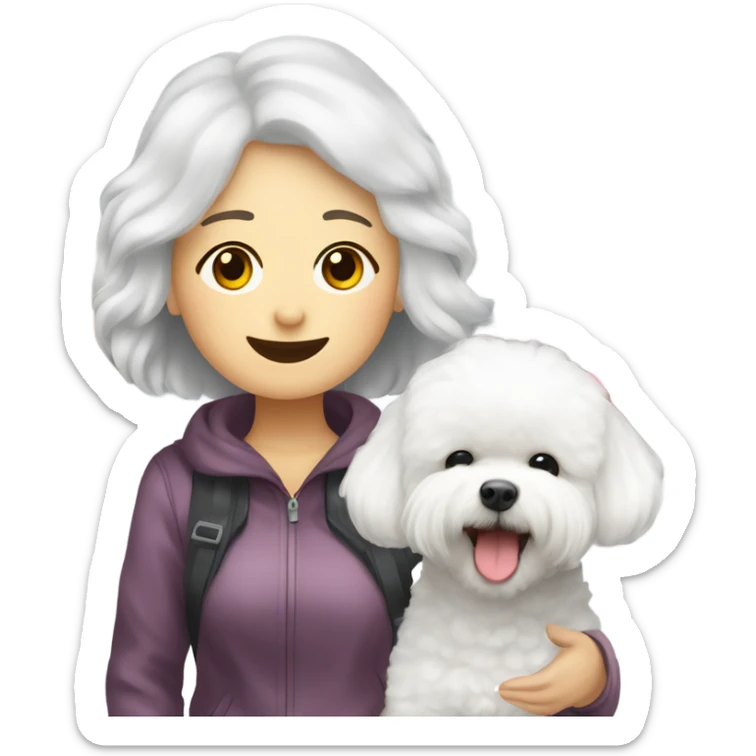A cute and happy bichon frise with an Asian woman at the airport  sticker