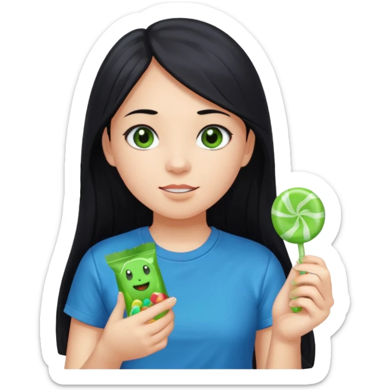 A girl with long black hair and black eyes wearing a blue t-shirt holding a piece of green hard candy in one hand and a green candy wrapper showing a guava on it in the other hand sticker