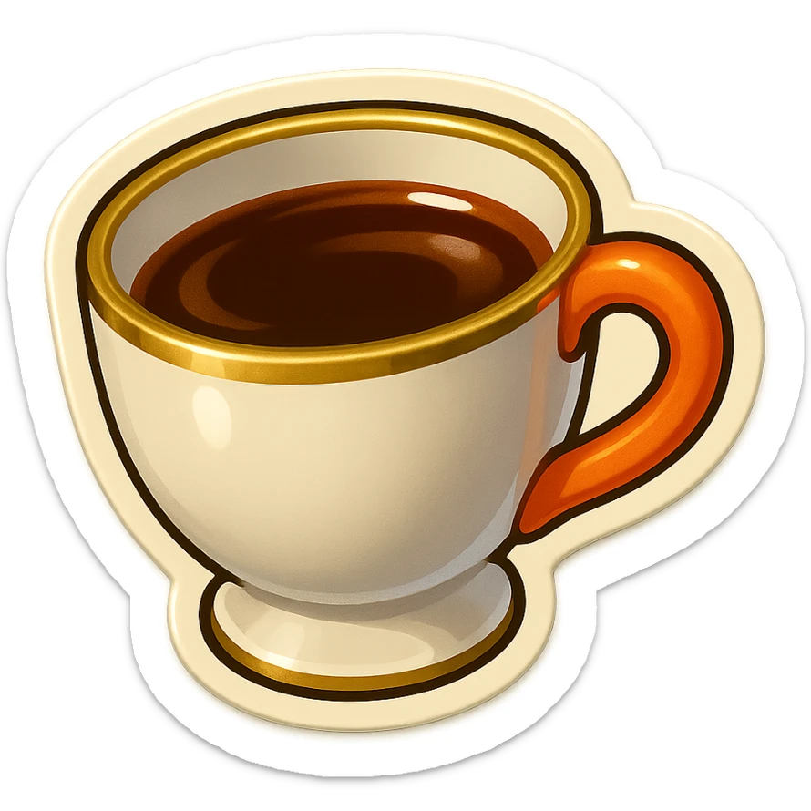 Hermès-style cup of tea, minimal design, Hermès orange handle, gold rim, cute emoji style, alternate angle, on white or transparent background sticker