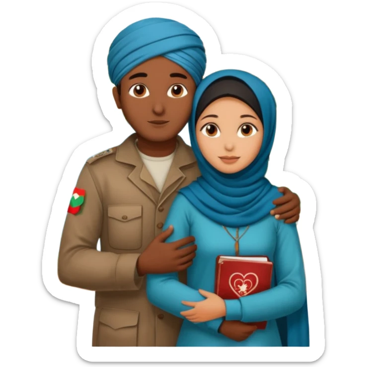 An emotional artistic illustration of an Indian man and an Afghan hijabi girl standing on the maps of India and Afghanistan, symbolically embracing despite the distance, showing love beyond borders. sticker