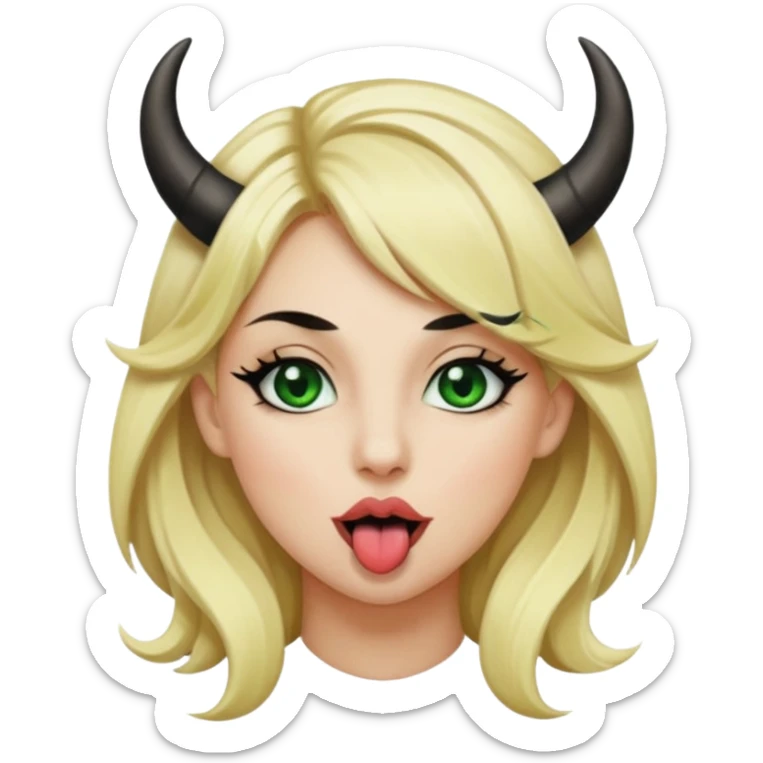 Emoji femme blonde habillée en noir cheveux blond, yeux vert avec de long cils noir qui tire la langue et à des cornes  sticker