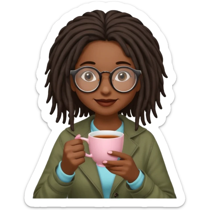 darker skin female with dark dreadlock hair wearing large round glasses sipping a cup of tea with her pinky out sticker