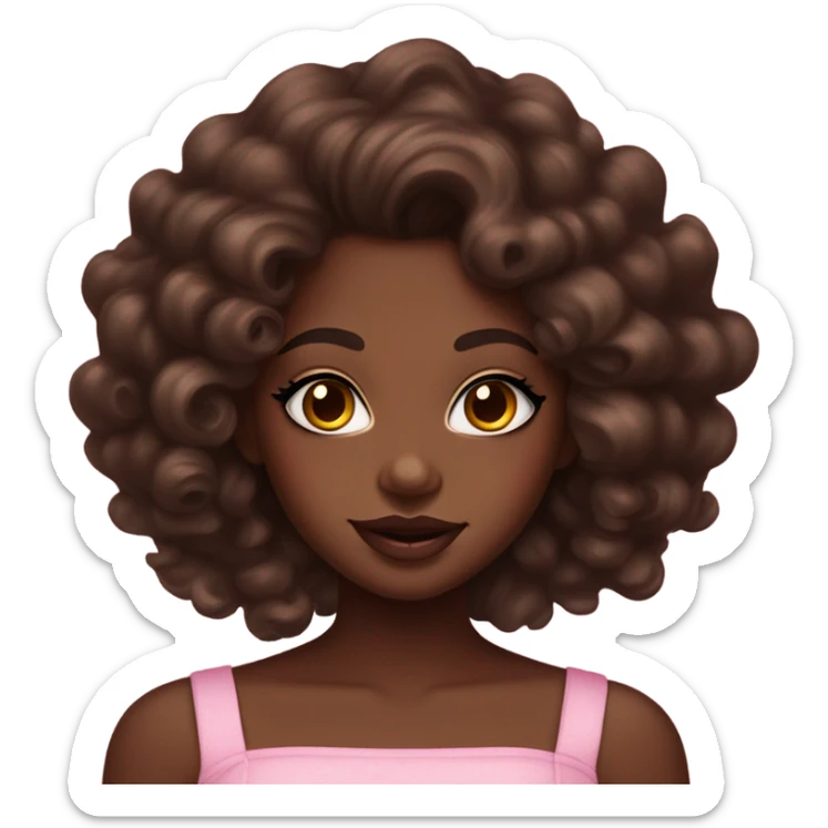 Chocolate dark skin girl with long curly dark brown hair, brown lip liner and  pink gloss on lips, gorgeous radiant skin sticker