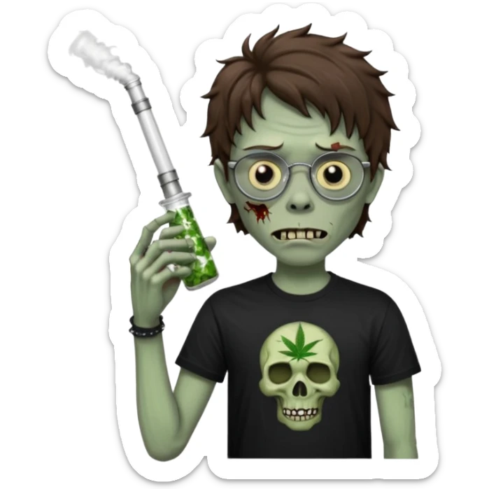 short wavy brown haired zombie getting stoned with weed t shirt and bong on his hand and wearing black chrome hearts bifocals sticker