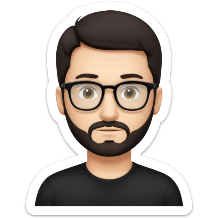 chico con gafas y barba corta moreno, piel clara camiseta negra sticker