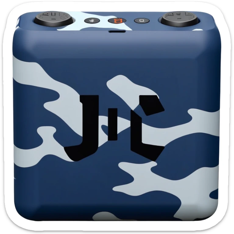 Navy blue and black maritime camouflage JBL Go 4, minimalist design, sleek portable speaker, simplified form sticker