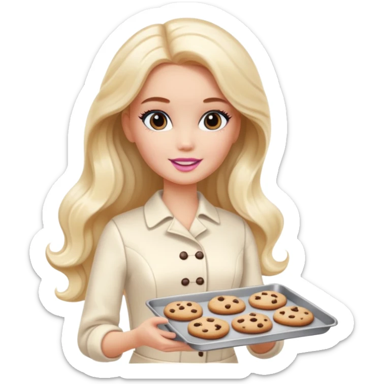 A white Barbie girl with long dark brown wave hair in a cream clothes holds a Baking tray with cookies sticker