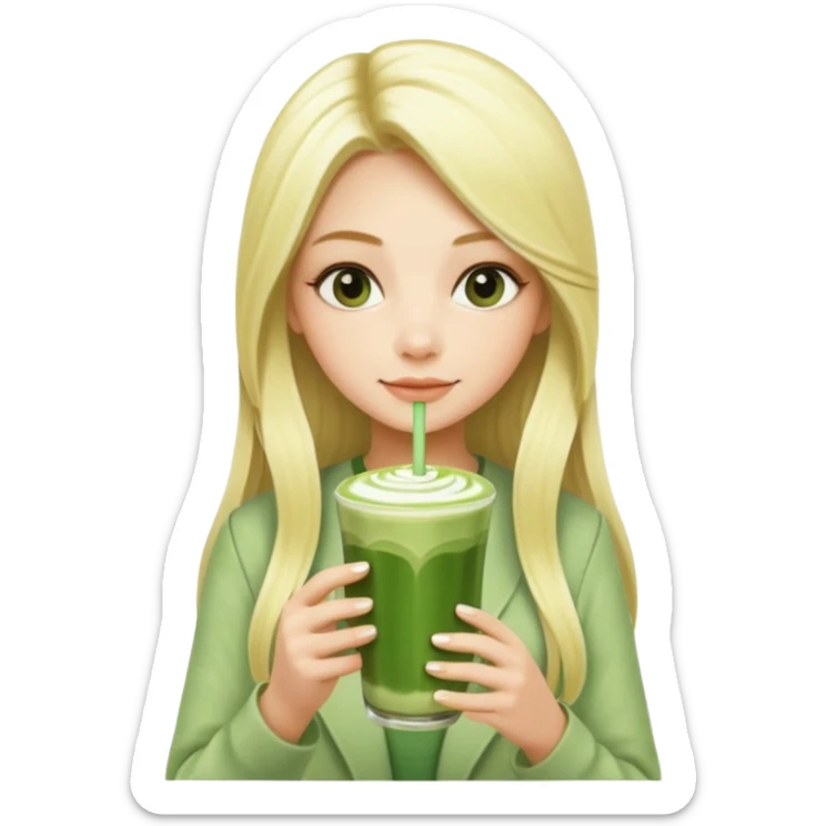 blonde luxury long hair girl with 1 drink of matcha latte and a lot of straws sticker