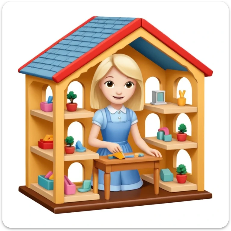 smiling girl arranging furniture in doll house sticker