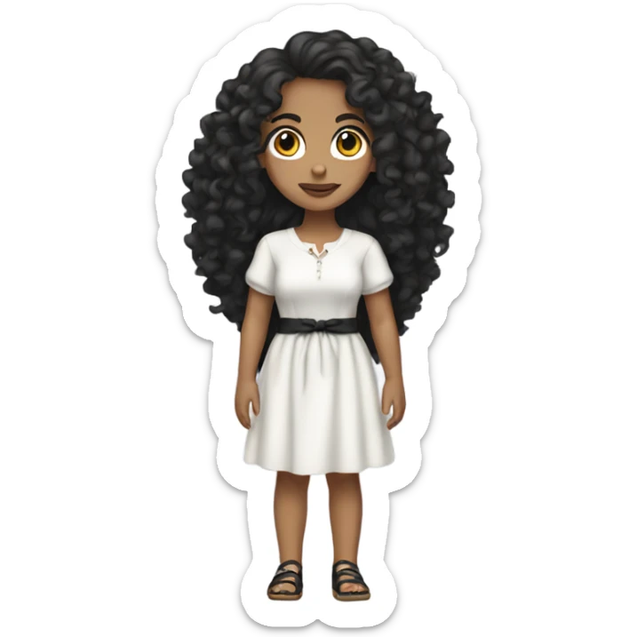 Tan girl with black long curly hair and white tied dress full body sticker