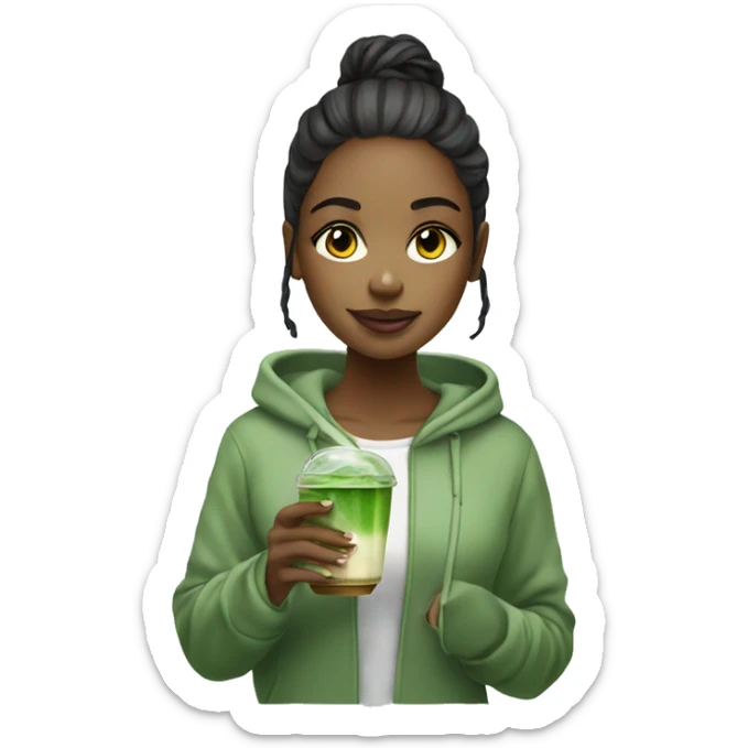 Beautiful girl wearing hoodie ,holding glass cup of iced matcha  sticker