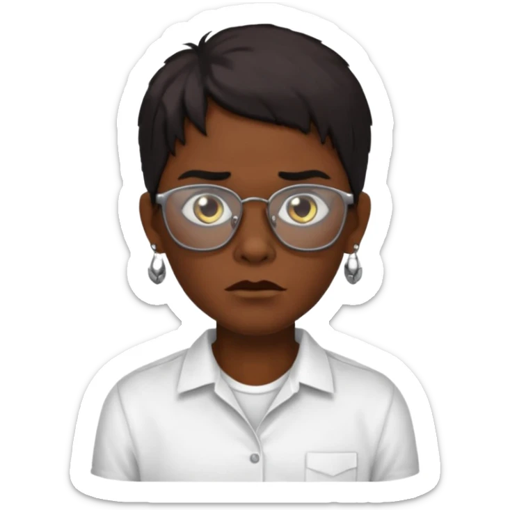 A zombie wearing a white shirt, dark skin, medium-length dark hair, earrings, and glasses, on a white background, facing forward. sticker