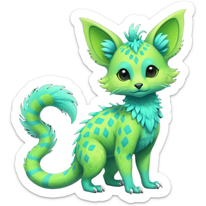 Feral Rare Fantasy vibrant tropical exotic neon-lime green and cyan Vernid-Trico-species-creature by LiLaiRa, random markings, tufted tail, tufted ears, full body sticker