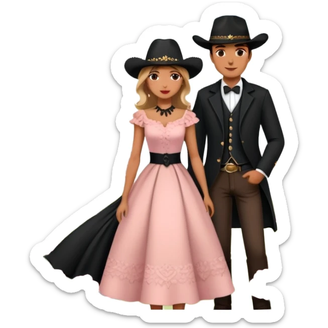 couple in front of Eiffel Tower, man in black cowboy hat, woman in elegant Parisian style dress without hat, pink flowers around and Eiffel Tower in the background  sticker