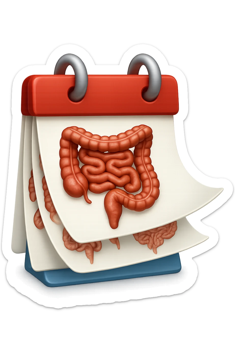 emoji stile iphone di un calendario con fogli che volano insieme, sui fogli ci sono disegnati degli intestini anatomici, iperrealistico 4k, isolato su sfondo bianco sticker