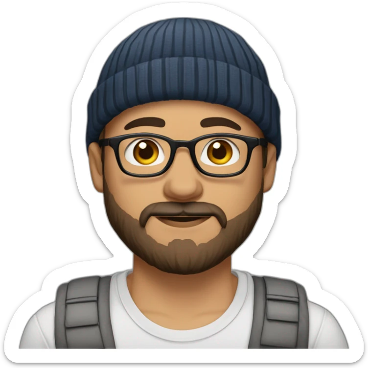 hasan abi, light skinned, turkish american, early 20s male, tanktop and beanie, brown hair, beard and mustache, thin rimmed glasses sticker