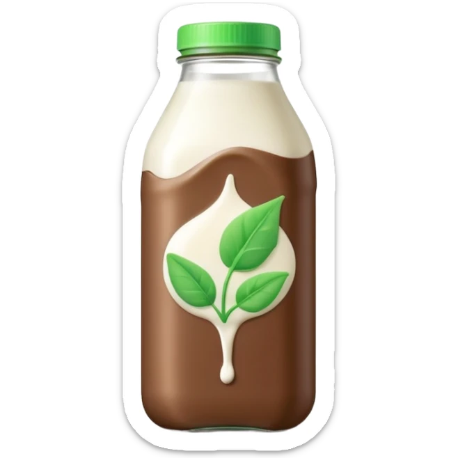 A 3D cartoon bottle of plant-based milk identical to dairy milk, small green tint or leaf mark, Memoji-style. sticker