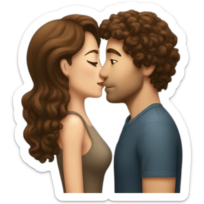 A women with brown hair kissing a tall men who has curly brown hair  sticker