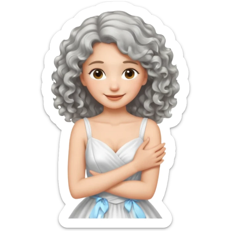 silver, wavy/curly hair shorter than shoulder-length lady giving hug and smiling sticker