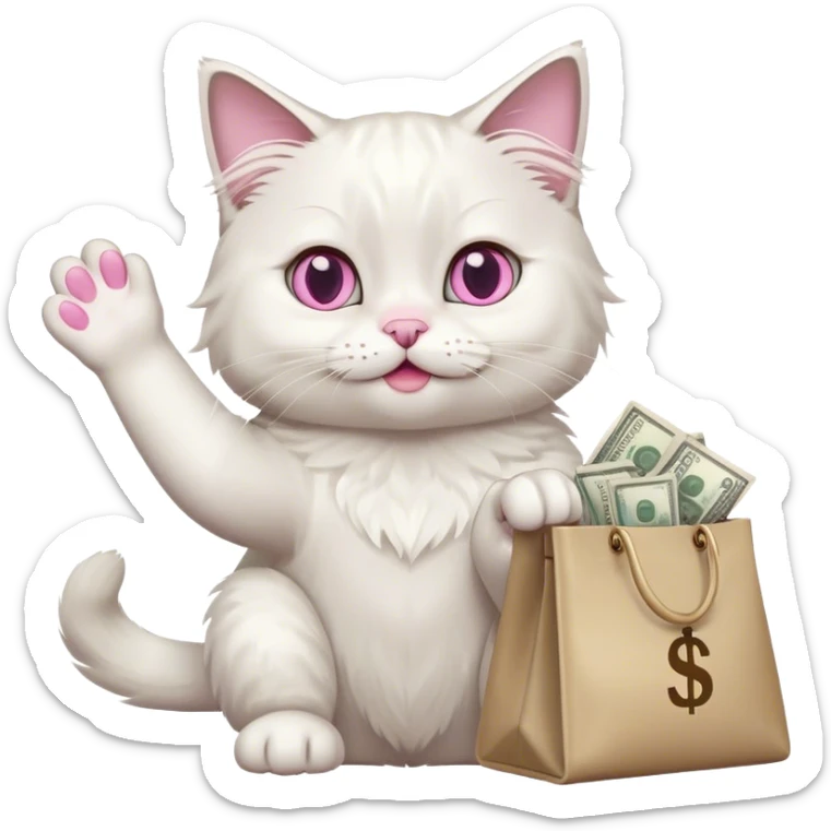 the white color ragdoll cat waves its paw and holds a bag of money sticker