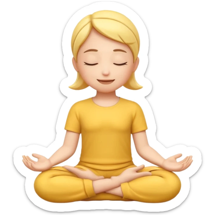 A 3D Apple-style yellow round emoji sitting in a lotus position, eyes gently closed, calm and peaceful smile, hands resting on knees with palms facing upward, relaxed eyebrows, soft glow around the emoji to symbolize inner peace, clean minimal background. sticker