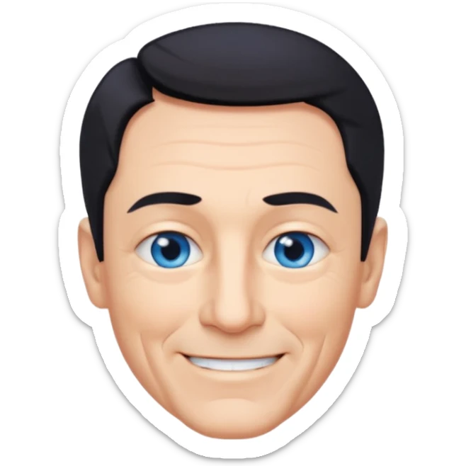 homme 60 ans menton pointu, yeux bleus cheveux noir courts sourir sticker