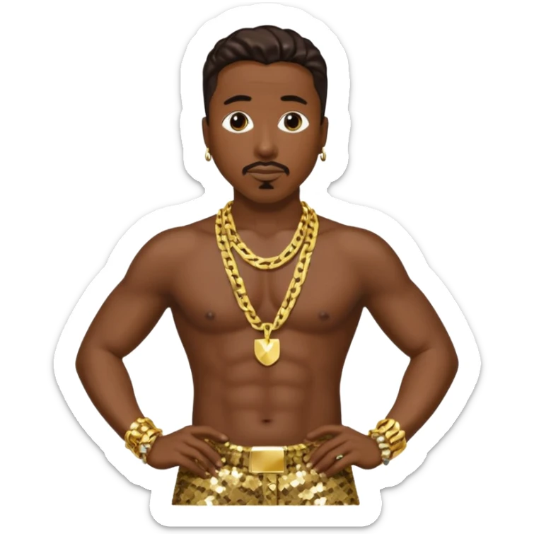 MC Hammer with dark brown hair, gold sequin baggy pants, shirtless with necklace sticker