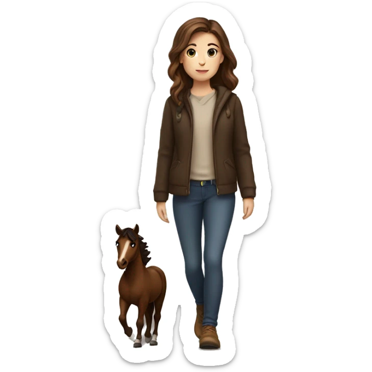 Brown haired girl walking with a Little dark brown Horse by her side sticker