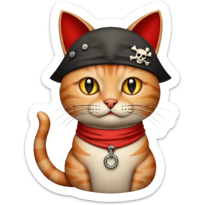 Vintage 1930s cartoon style emoji, cat, pirate aesthetic, thick black outlines, rubber hose animation style, monochrome with red accents, grainy paper texture, white background --v 6.0 sticker