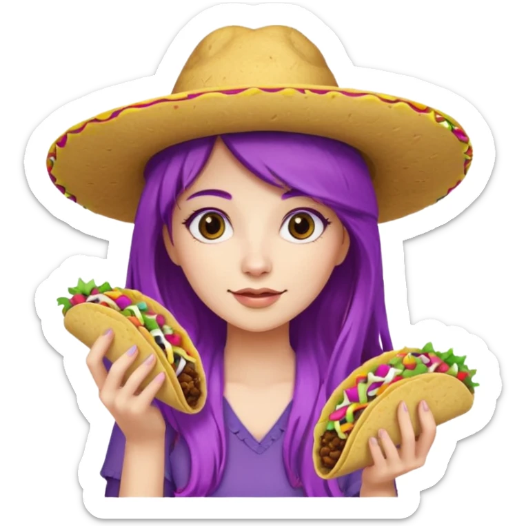woman holding taco with purple long hair and hat on head  sticker