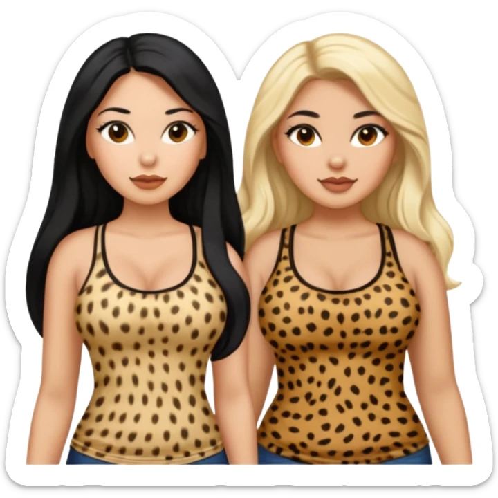 Tan Latina woman with long black hair chubby and black woman with long blonde hair slim thick in cheetah top sexy sticker