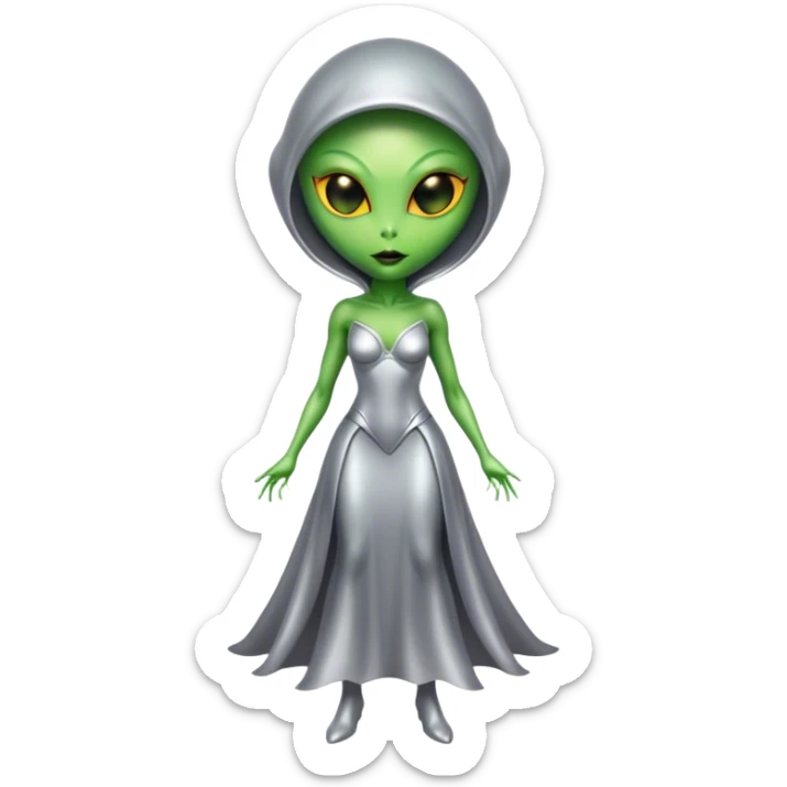 Green Alien woman in silver dress, full figure, yellow eyes sticker