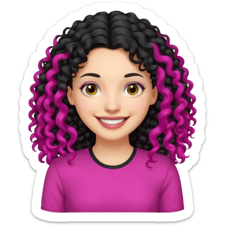 mujer blanca con cabello largo rizado negro sonriendo y con camisa fucsia sticker